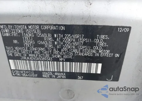 2010 Toyota Rav4 Base V6 z USA, uszkodzony, nr VIN JTMJK4DV0A5089343